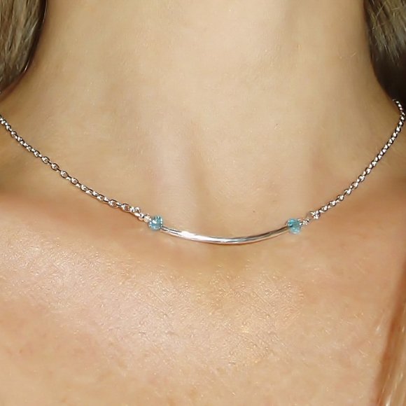 Sky Blue Crystal Silver Tube Necklace/ Silver Bar Layering Chain Choker - Picture 3 of 4